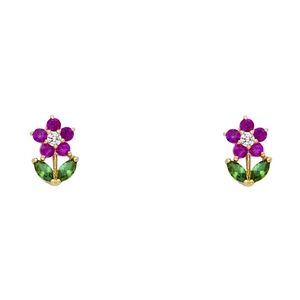 14KT Italian Gold Pink and Green Flower CZ Stud Screw Back Earrings